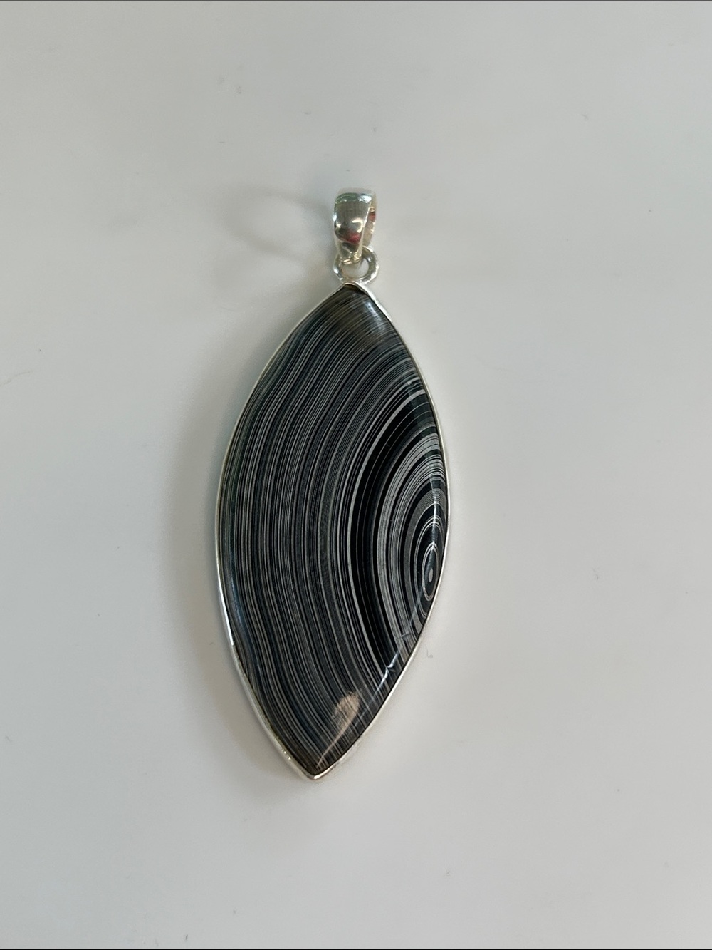 Genuine Black & White Fordite Sterling Silver Pendant | Detroit Agate Marquise